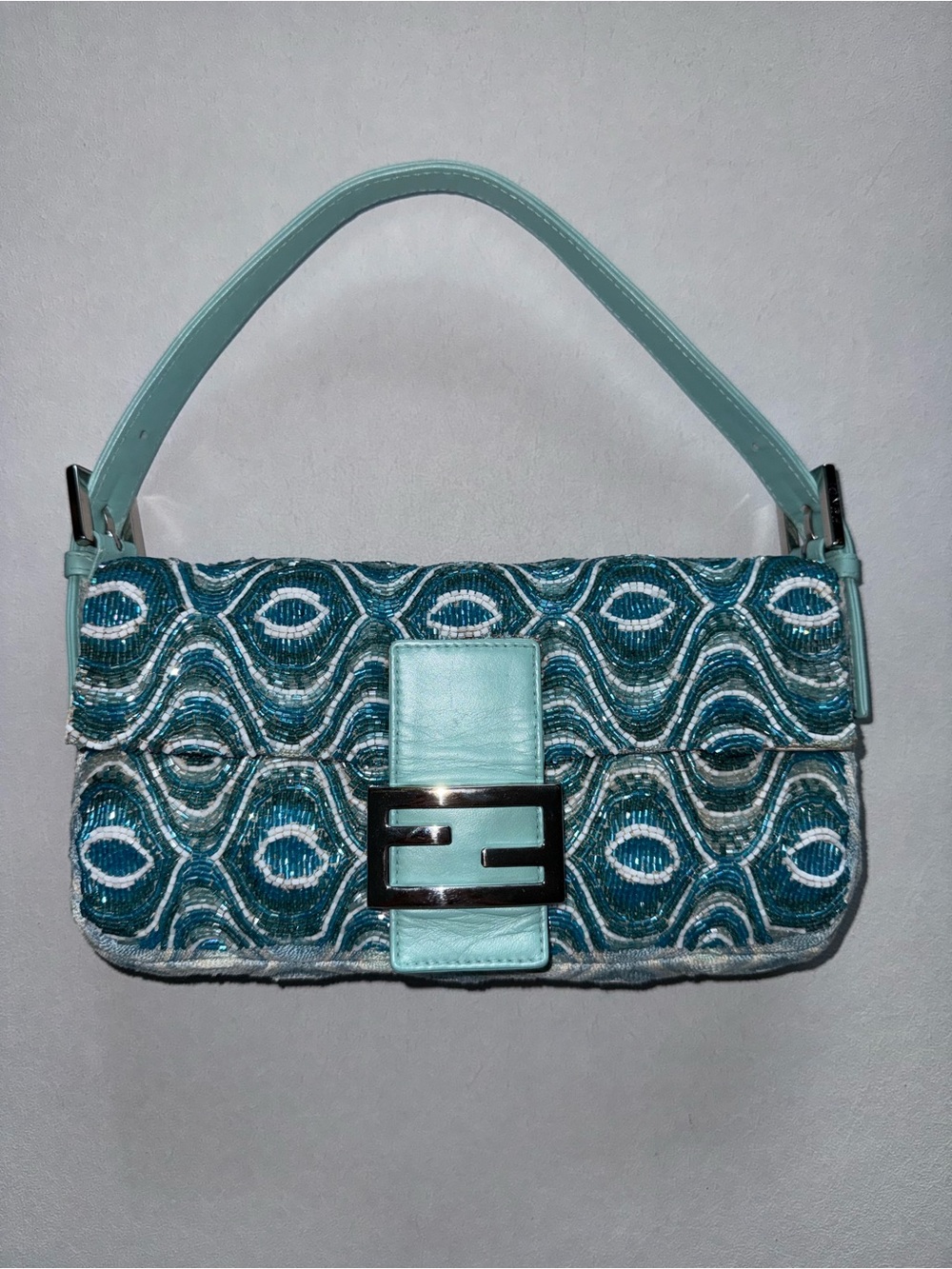 FENDI Vintage Blue Wave Beaded Baguette Shoulder Bag